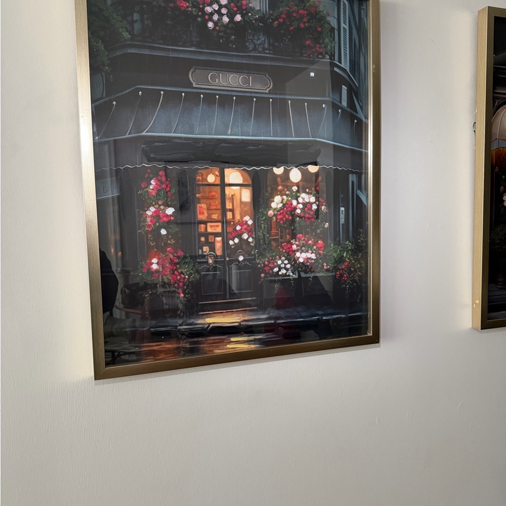 Gucci Framed Floral Shopfront Print in Navy, Black & Pink
